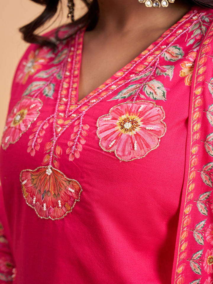 Women's Pink Cotton Embroidered Kurta With Trousers And Dupatta Set