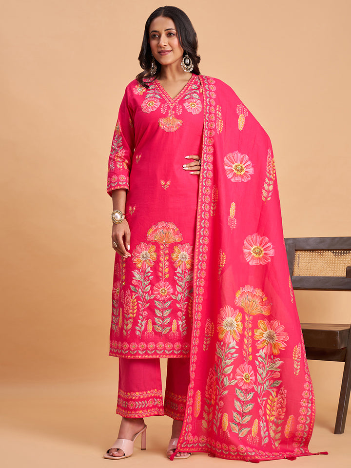 Women's Pink Cotton Embroidered Kurta With Trousers And Dupatta Set