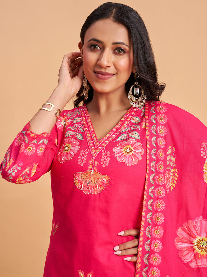 Women's Pink Cotton Embroidered Kurta With Trousers And Dupatta Set