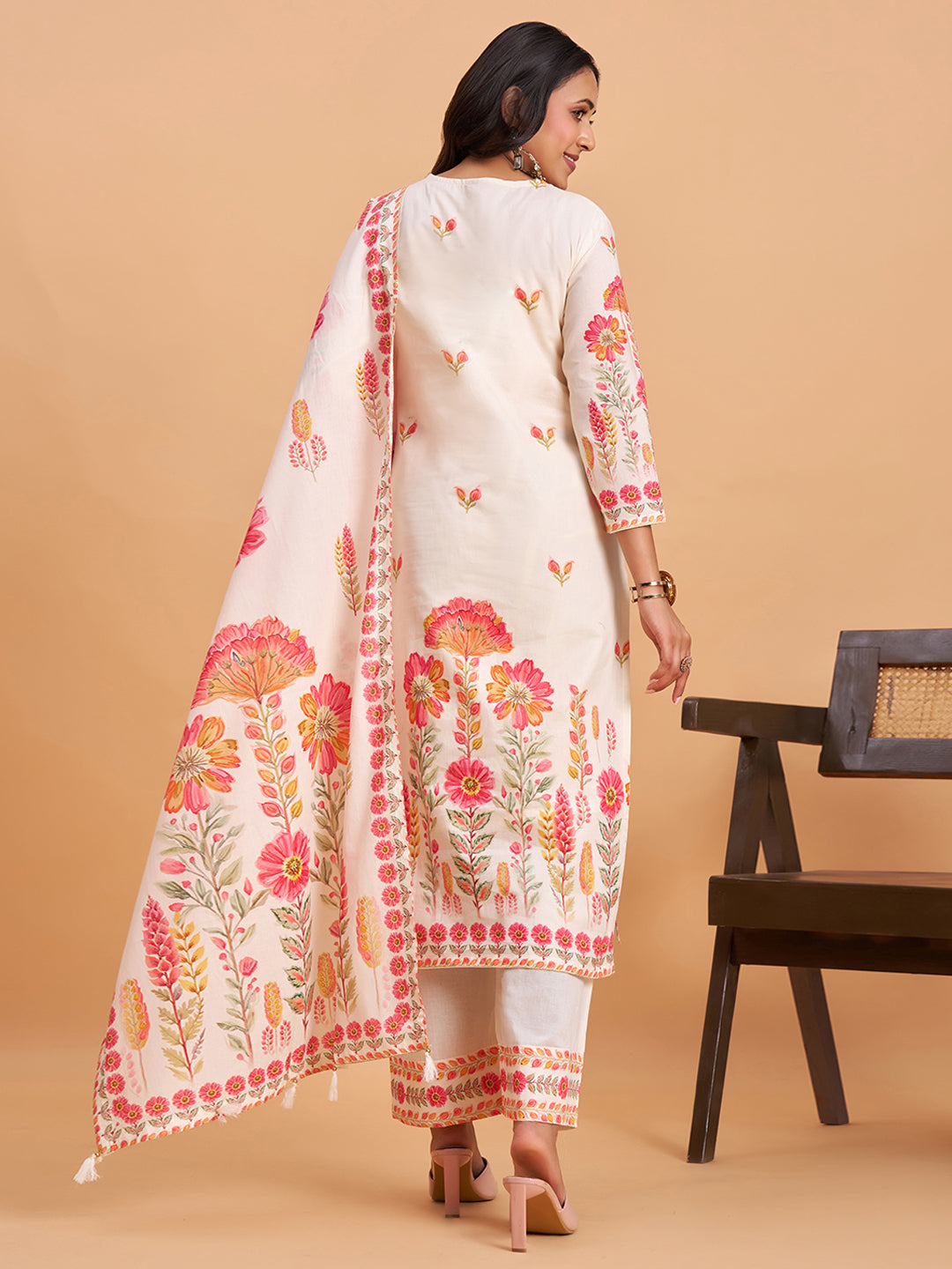 Women's Off White Cotton Embroidered Kurta With Trousers And Dupatta Set