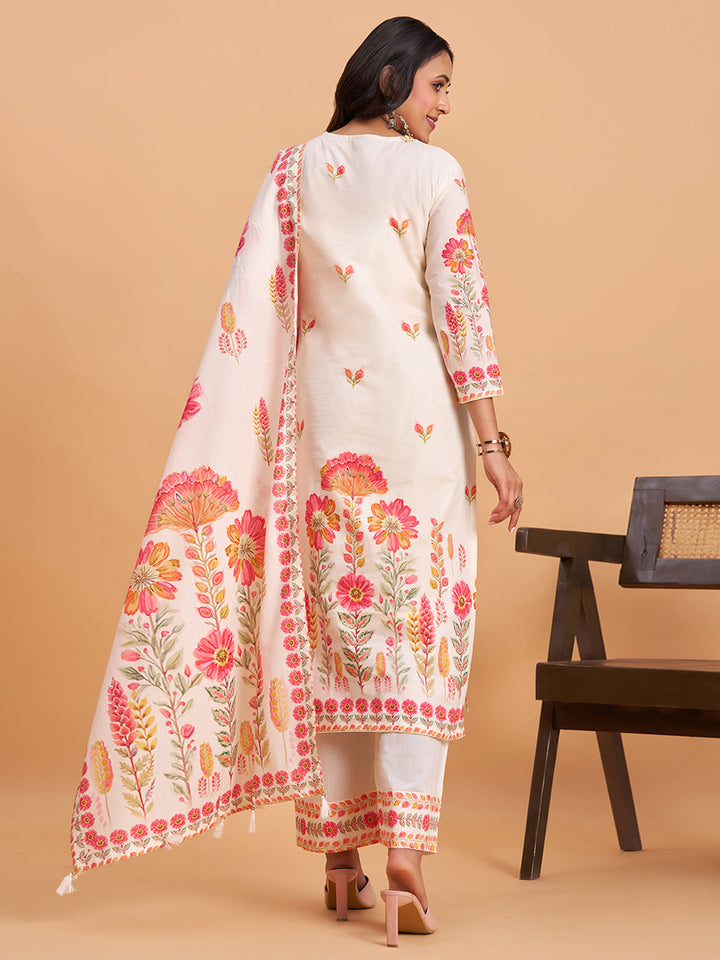 Women's Off White Cotton Embroidered Kurta With Trousers And Dupatta Set