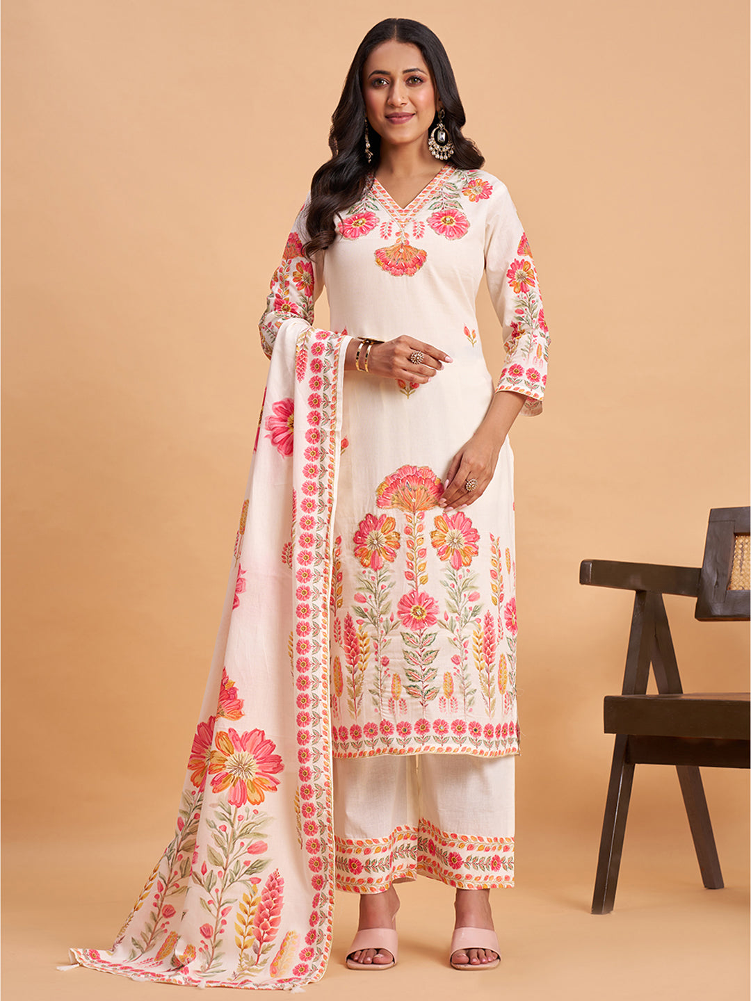Women's Off White Cotton Embroidered Kurta With Trousers And Dupatta Set