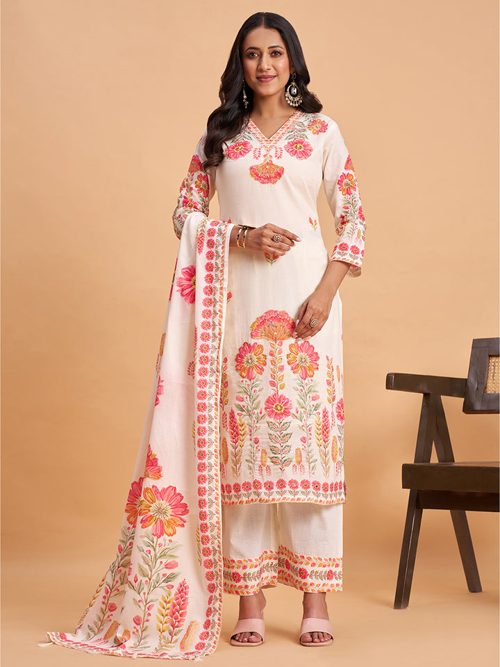 Women's Off White Cotton Embroidered Kurta With Trousers And Dupatta Set
