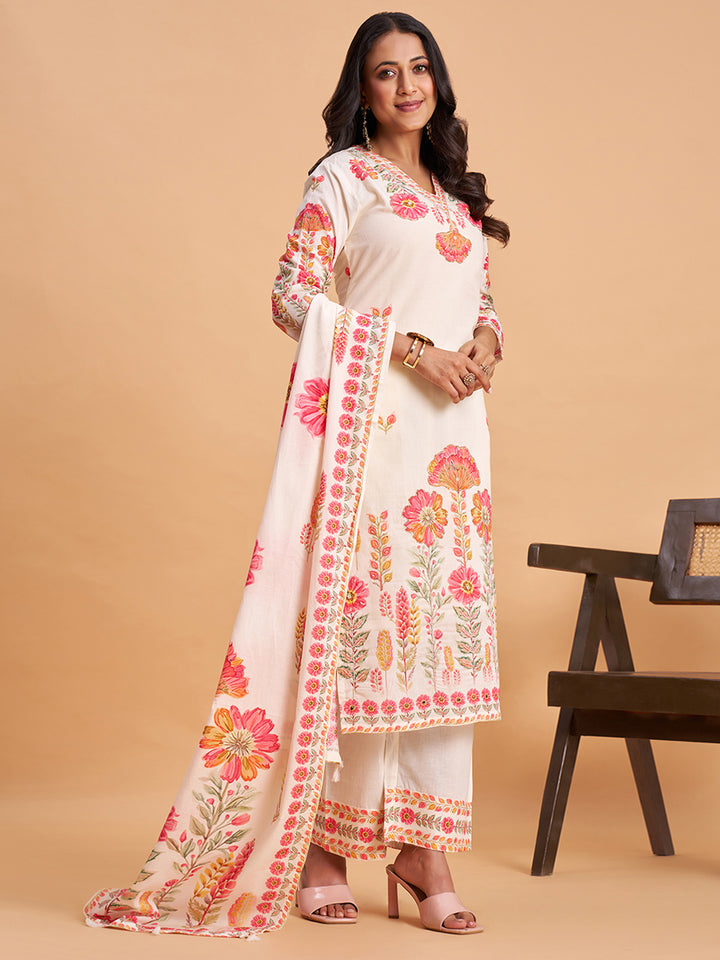 Women's Off White Cotton Embroidered Kurta With Trousers And Dupatta Set