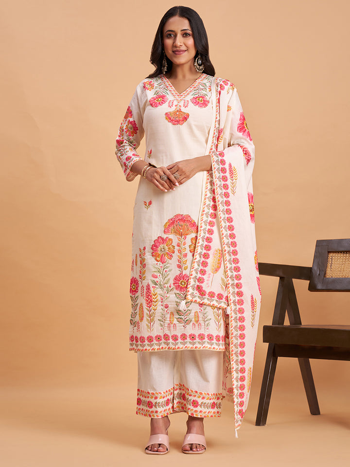 Women's Off White Cotton Embroidered Kurta With Trousers And Dupatta Set