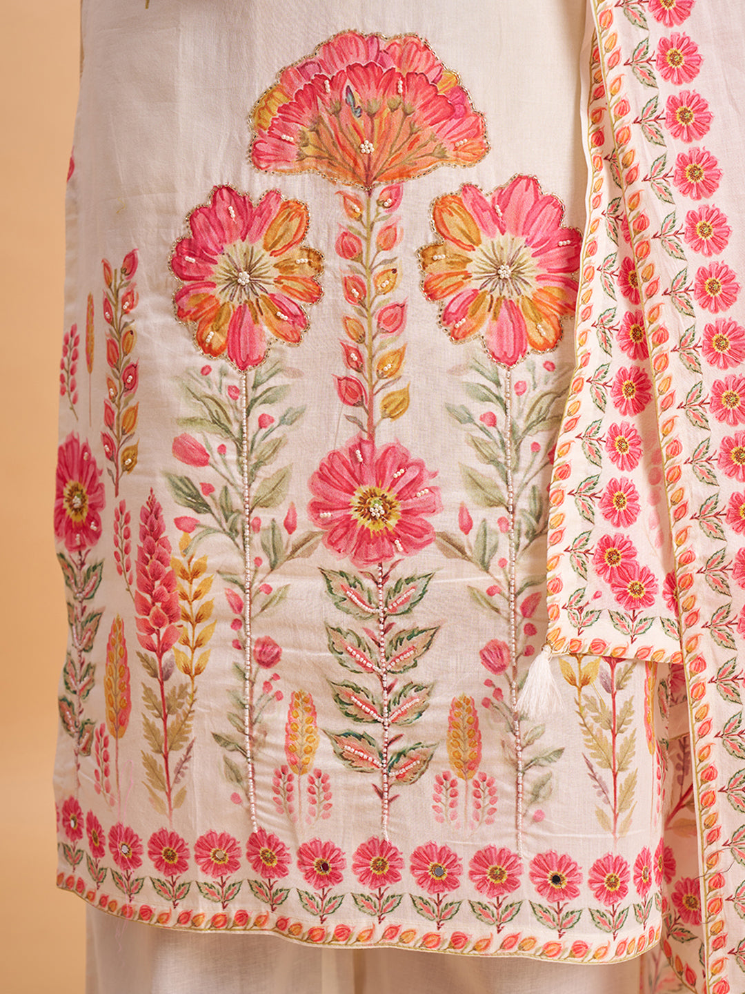 Women's Off White Cotton Embroidered Kurta With Trousers And Dupatta Set
