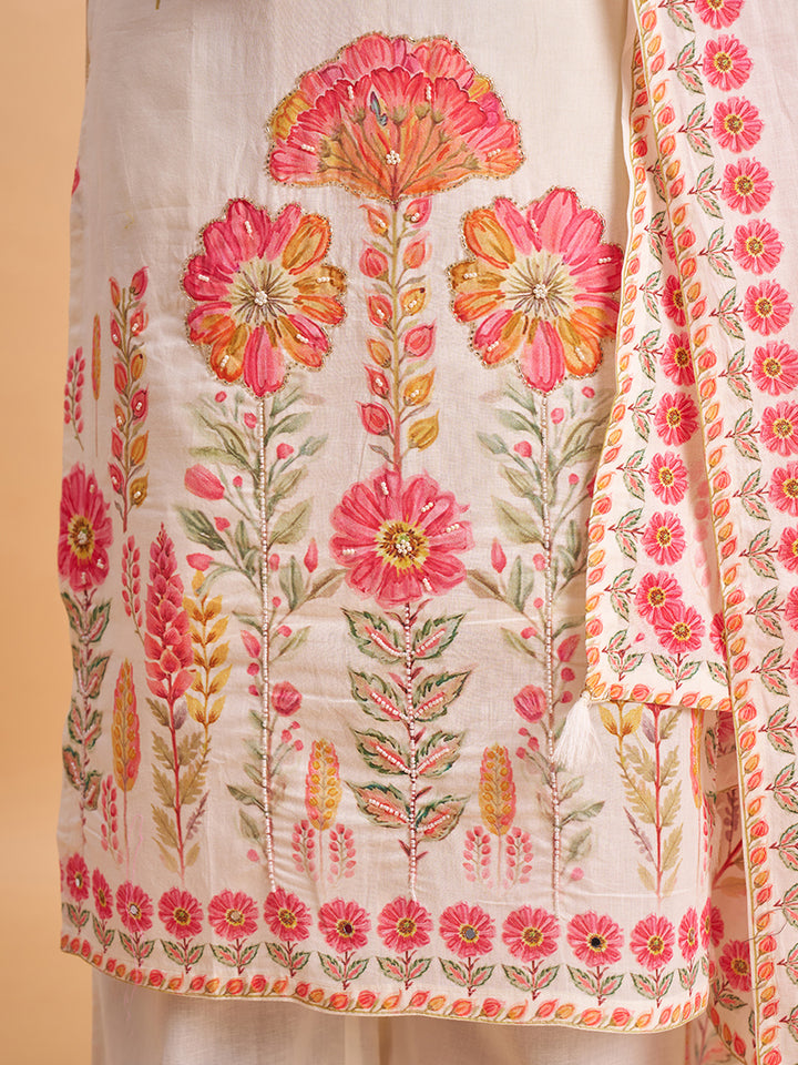 Women's Off White Cotton Embroidered Kurta With Trousers And Dupatta Set
