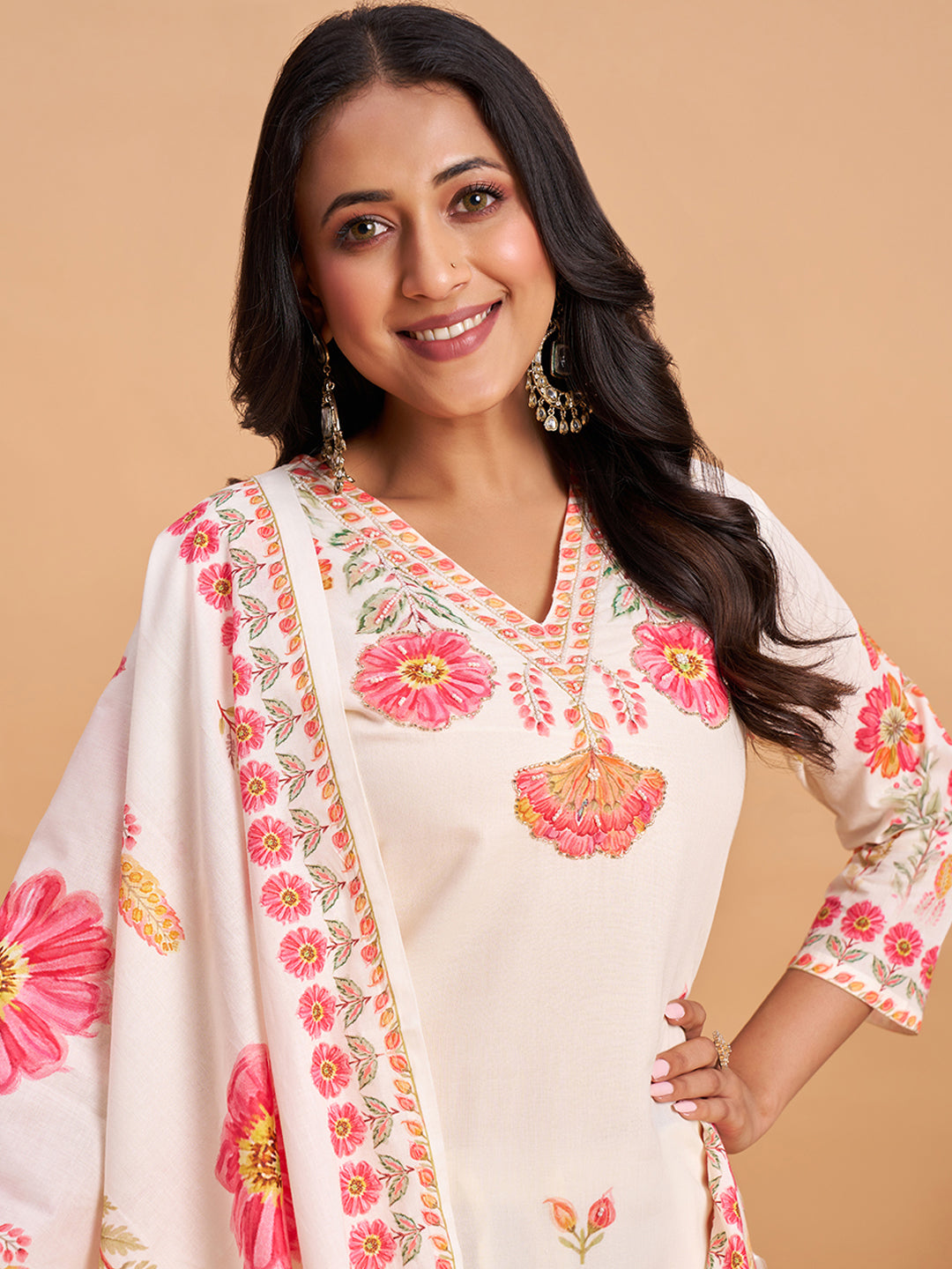 Women's Off White Cotton Embroidered Kurta With Trousers And Dupatta Set