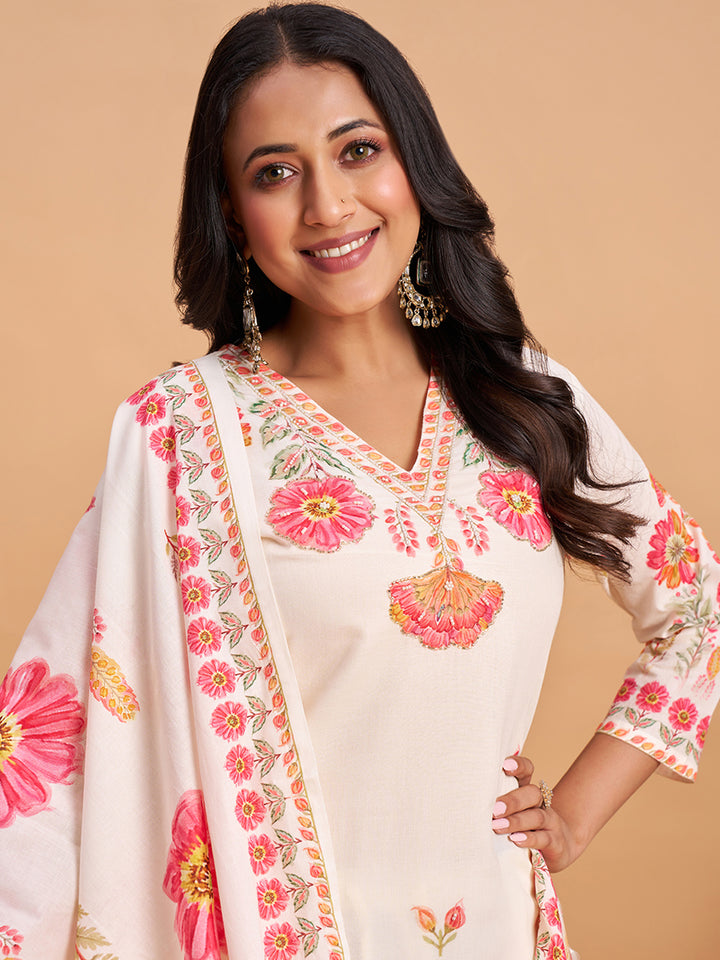 Women's Off White Cotton Embroidered Kurta With Trousers And Dupatta Set