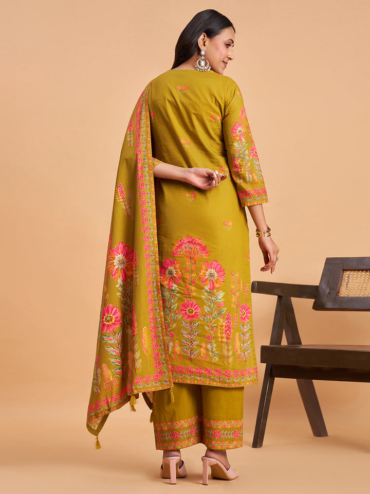 Women's Olive Cotton Embroidered Kurta With Trousers And Dupatta Set