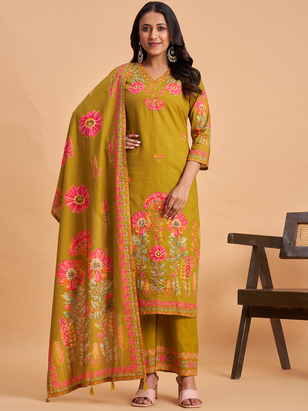 Women's Olive Cotton Embroidered Kurta With Trousers And Dupatta Set