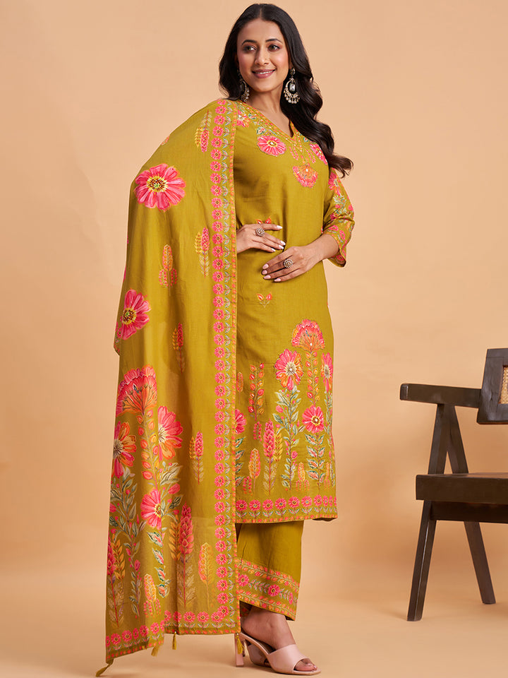 Women's Olive Cotton Embroidered Kurta With Trousers And Dupatta Set