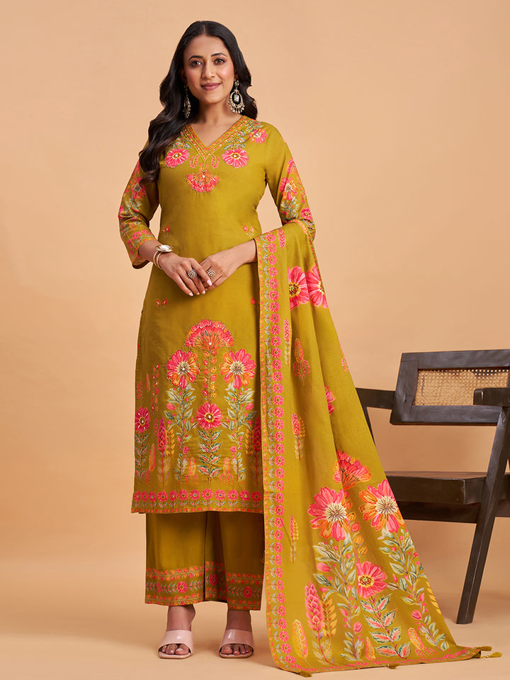 Women's Olive Cotton Embroidered Kurta With Trousers And Dupatta Set