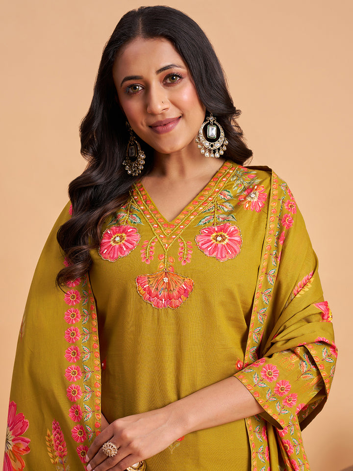 Women's Olive Cotton Embroidered Kurta With Trousers And Dupatta Set