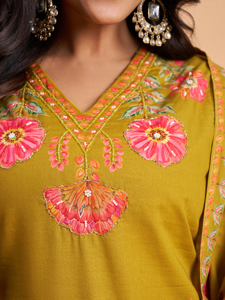 Women's Olive Cotton Embroidered Kurta With Trousers And Dupatta Set