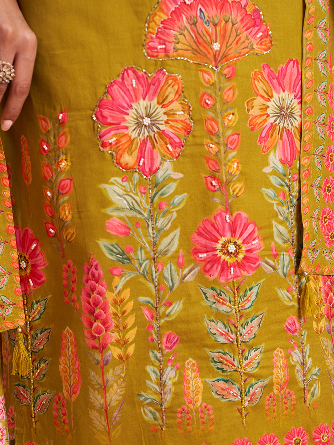 Women's Olive Cotton Embroidered Kurta With Trousers And Dupatta Set