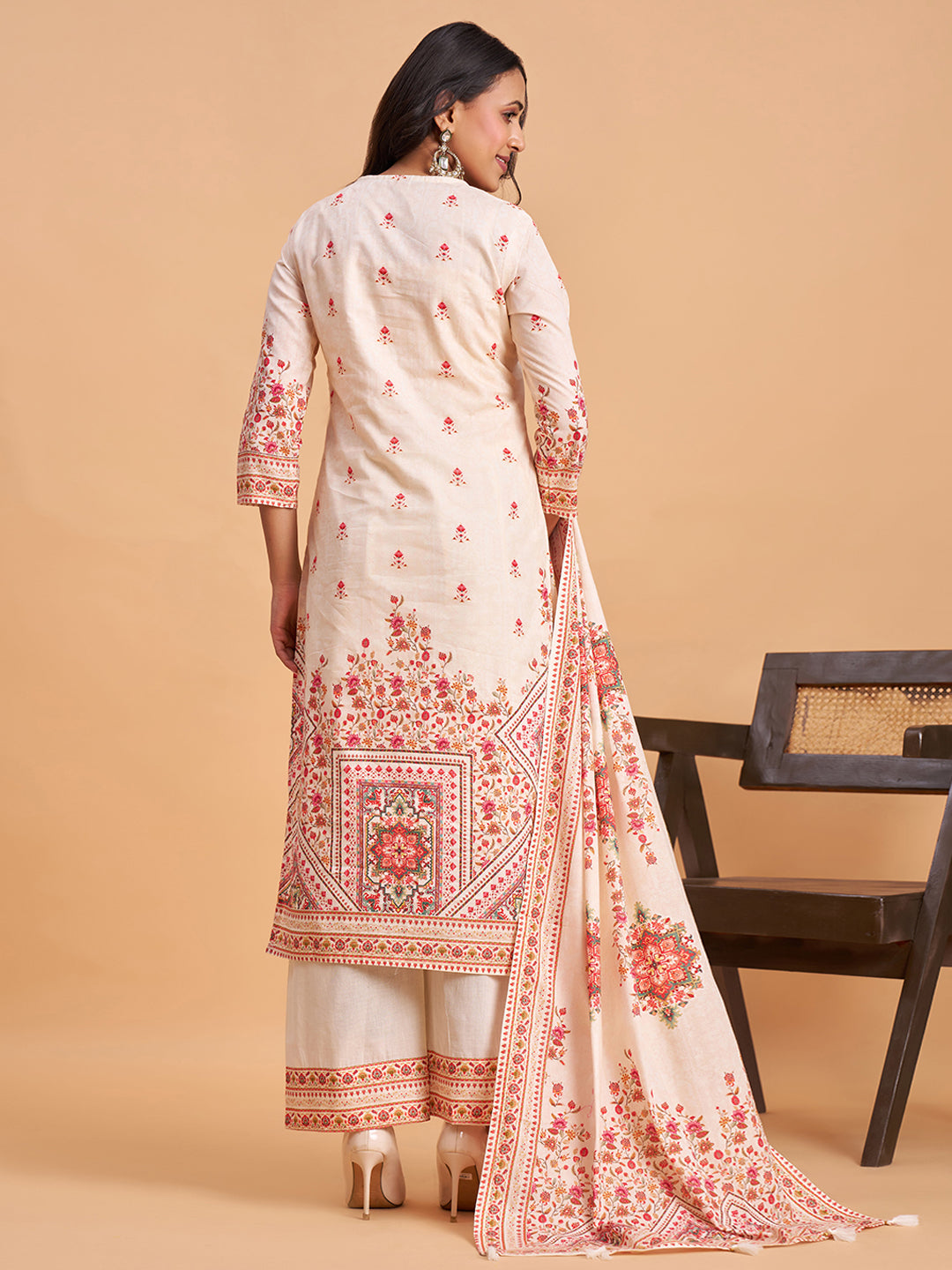 Women's Off White Cotton Embroidered Kurta With Trousers And Dupatta Set