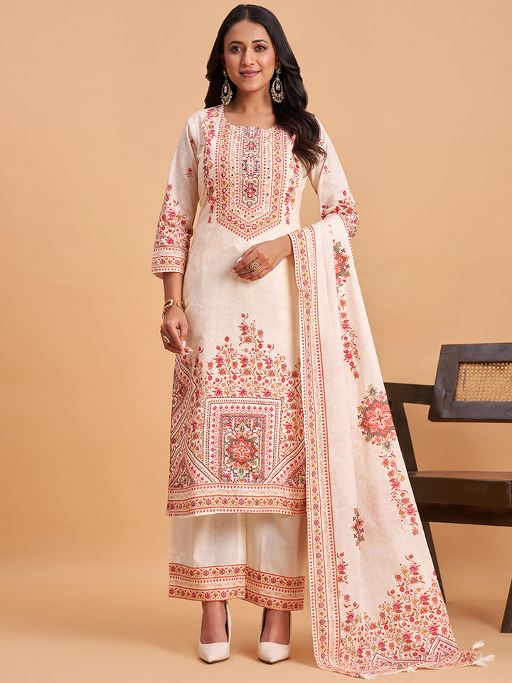 Women's Off White Cotton Embroidered Kurta With Trousers And Dupatta Set