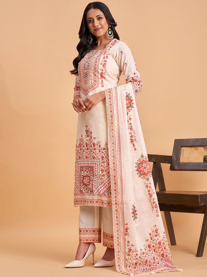 Women's Off White Cotton Embroidered Kurta With Trousers And Dupatta Set