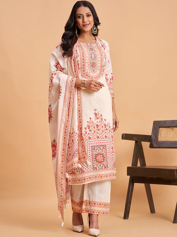 Women's Off White Cotton Embroidered Kurta With Trousers And Dupatta Set