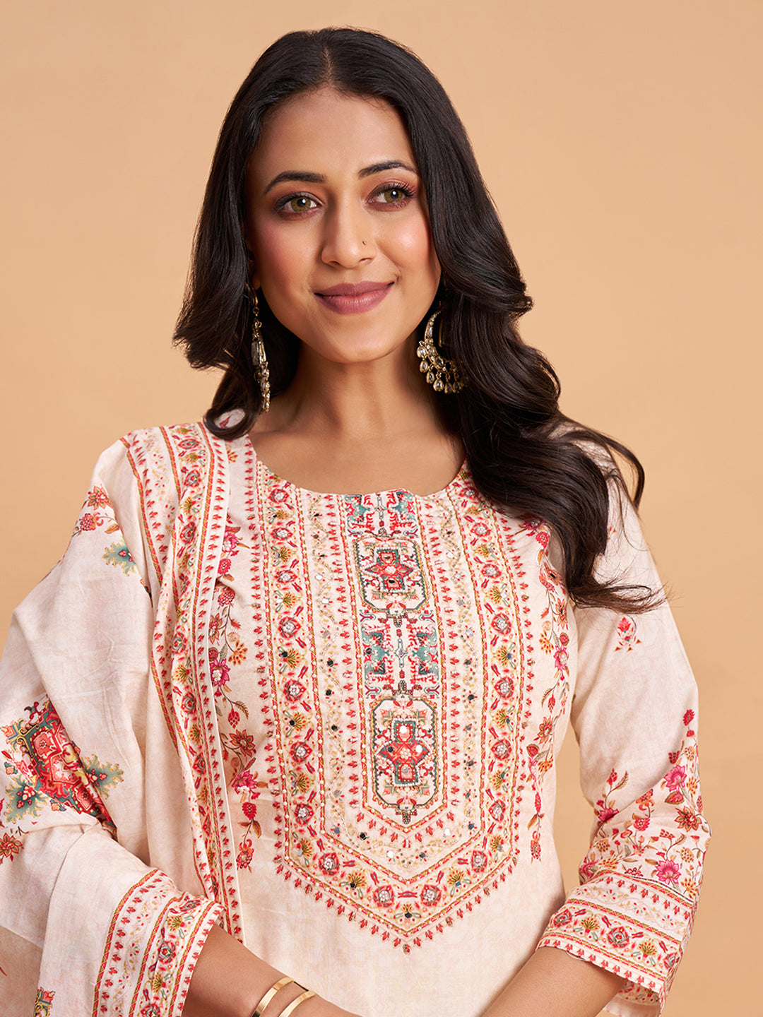 Women's Off White Cotton Embroidered Kurta With Trousers And Dupatta Set