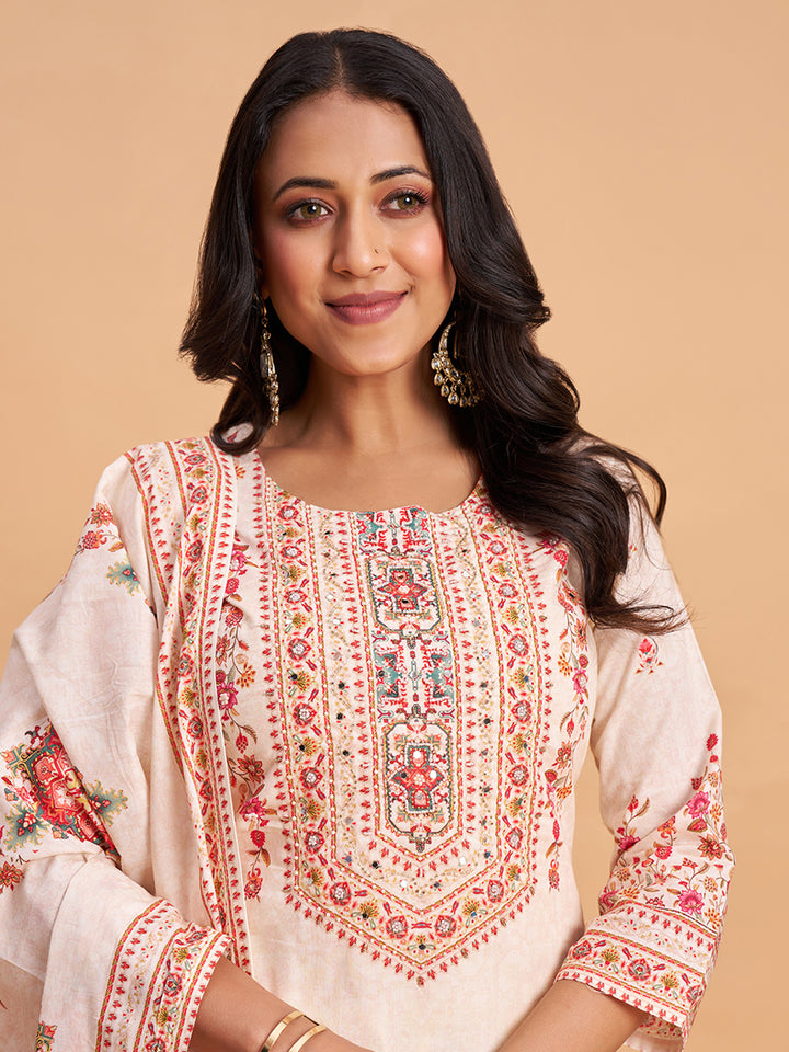 Women's Off White Cotton Embroidered Kurta With Trousers And Dupatta Set