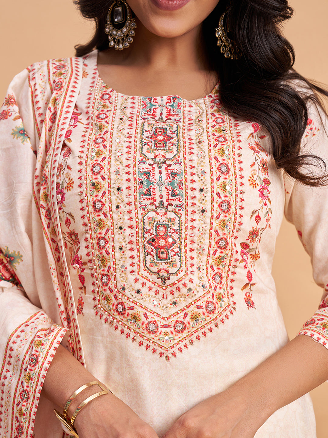 Women's Off White Cotton Embroidered Kurta With Trousers And Dupatta Set