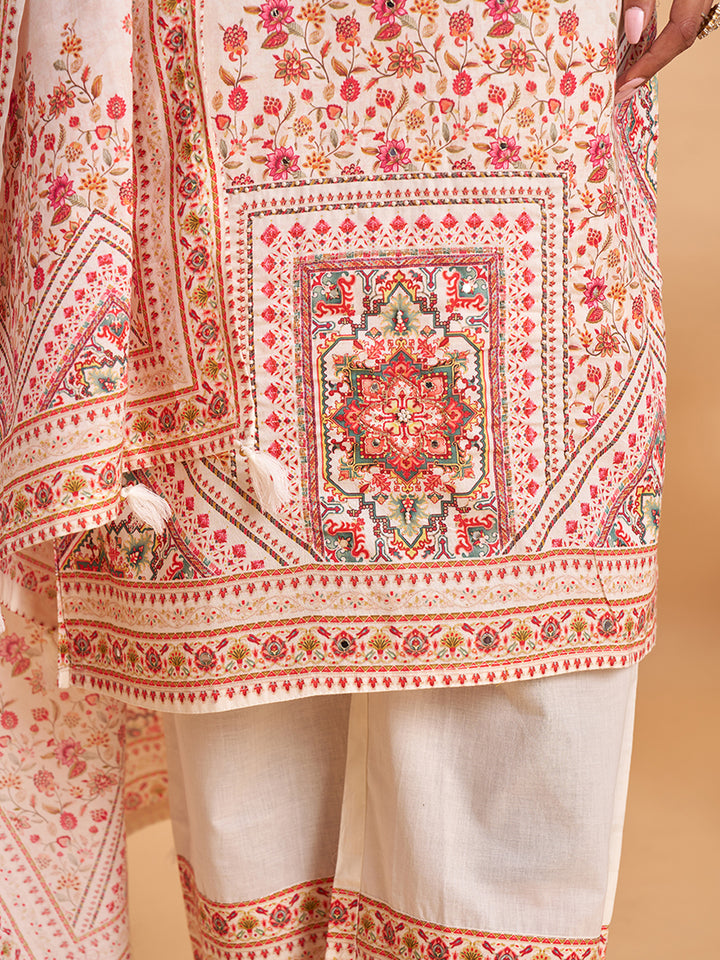Women's Off White Cotton Embroidered Kurta With Trousers And Dupatta Set