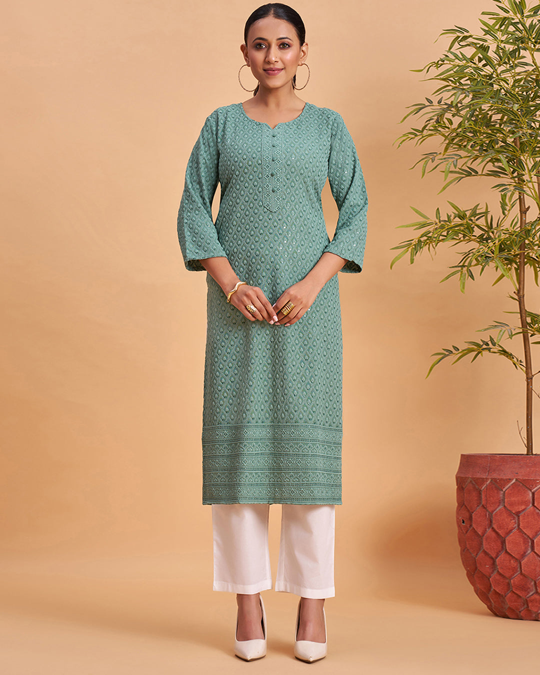 Women's Chikankari Embroidered Ethnic Motif Sequined Kurti