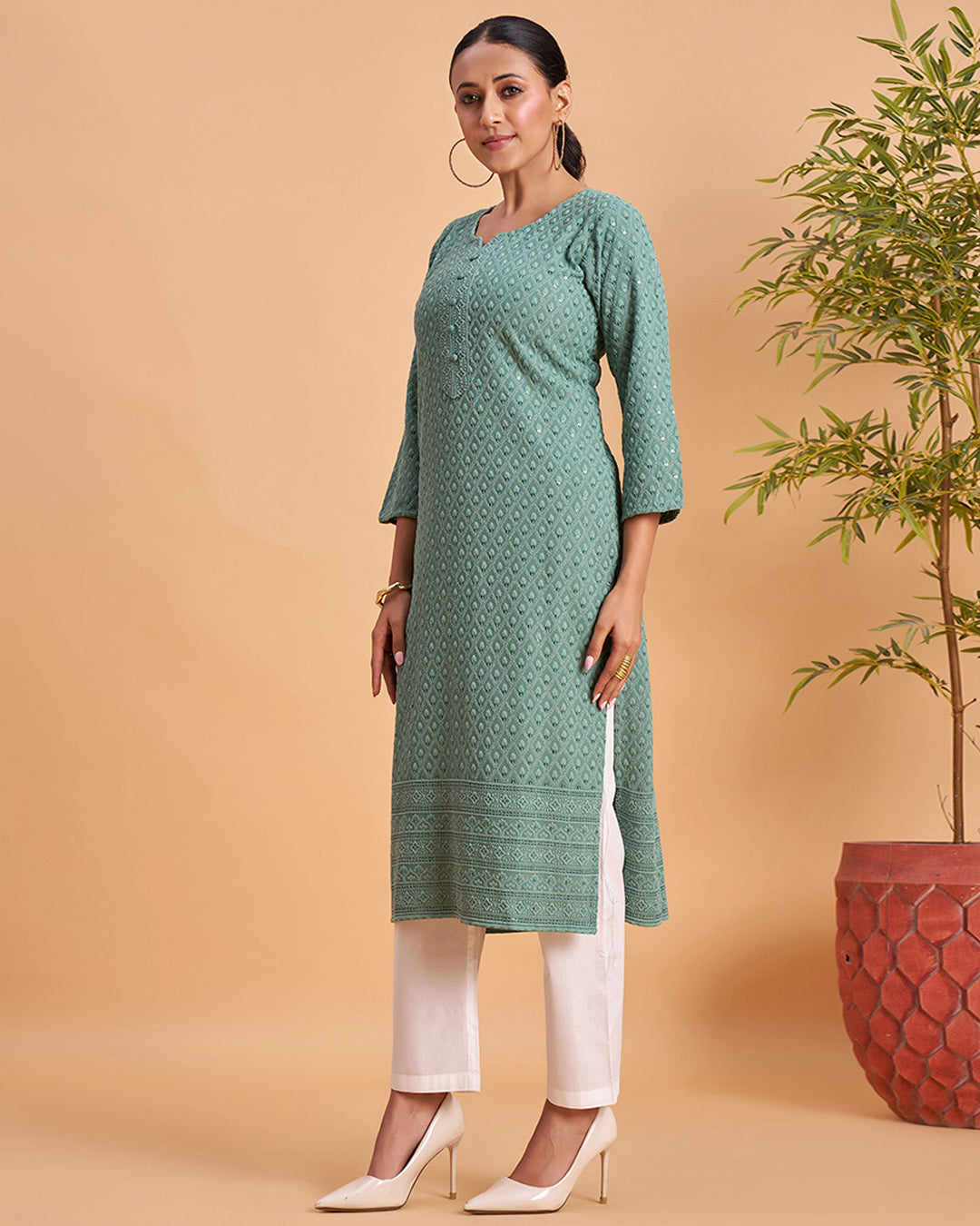 Women's Chikankari Embroidered Ethnic Motif Sequined Kurti
