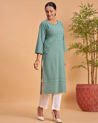 Women's Chikankari Embroidered Ethnic Motif Sequined Kurti