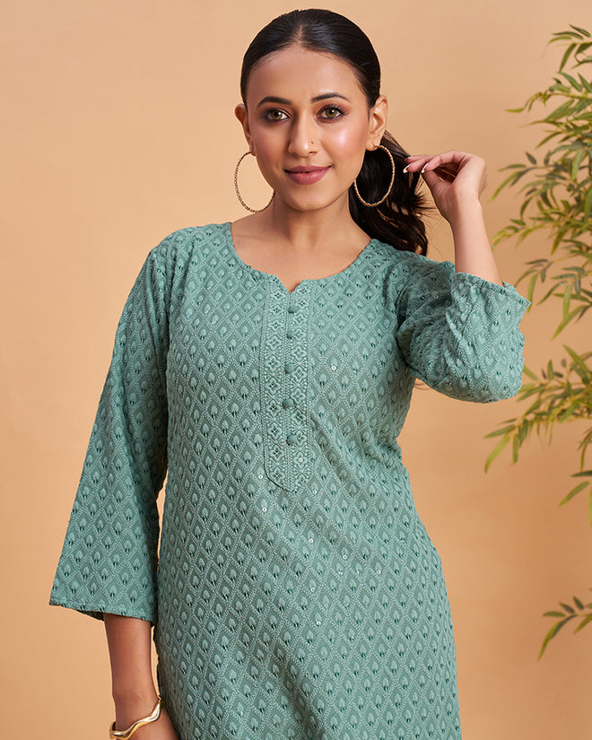Women's Chikankari Embroidered Ethnic Motif Sequined Kurti