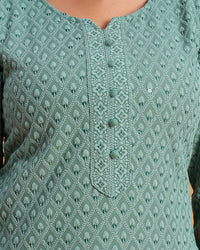 Women's Chikankari Embroidered Ethnic Motif Sequined Kurti