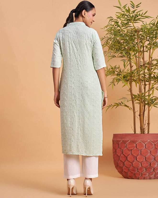 Women's Chikankari Embroidered Ethnic Motif Sequined Kurti