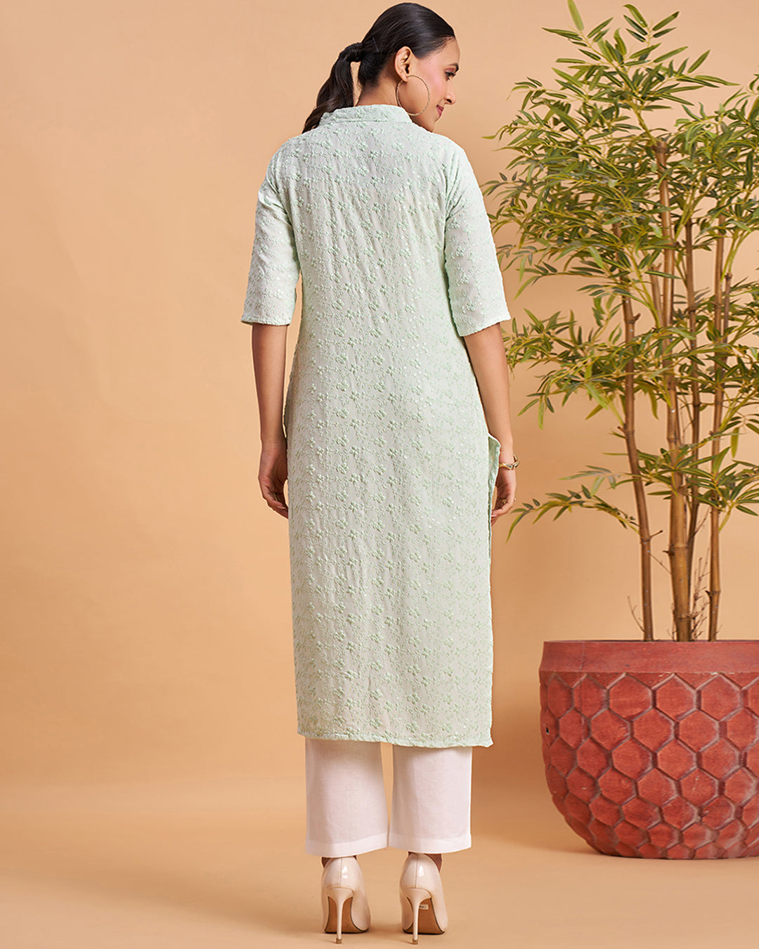 Women's Chikankari Embroidered Ethnic Motif Sequined Kurti