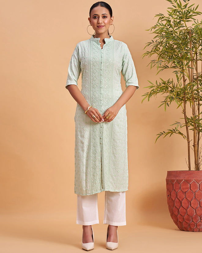Women's Chikankari Embroidered Ethnic Motif Sequined Kurti