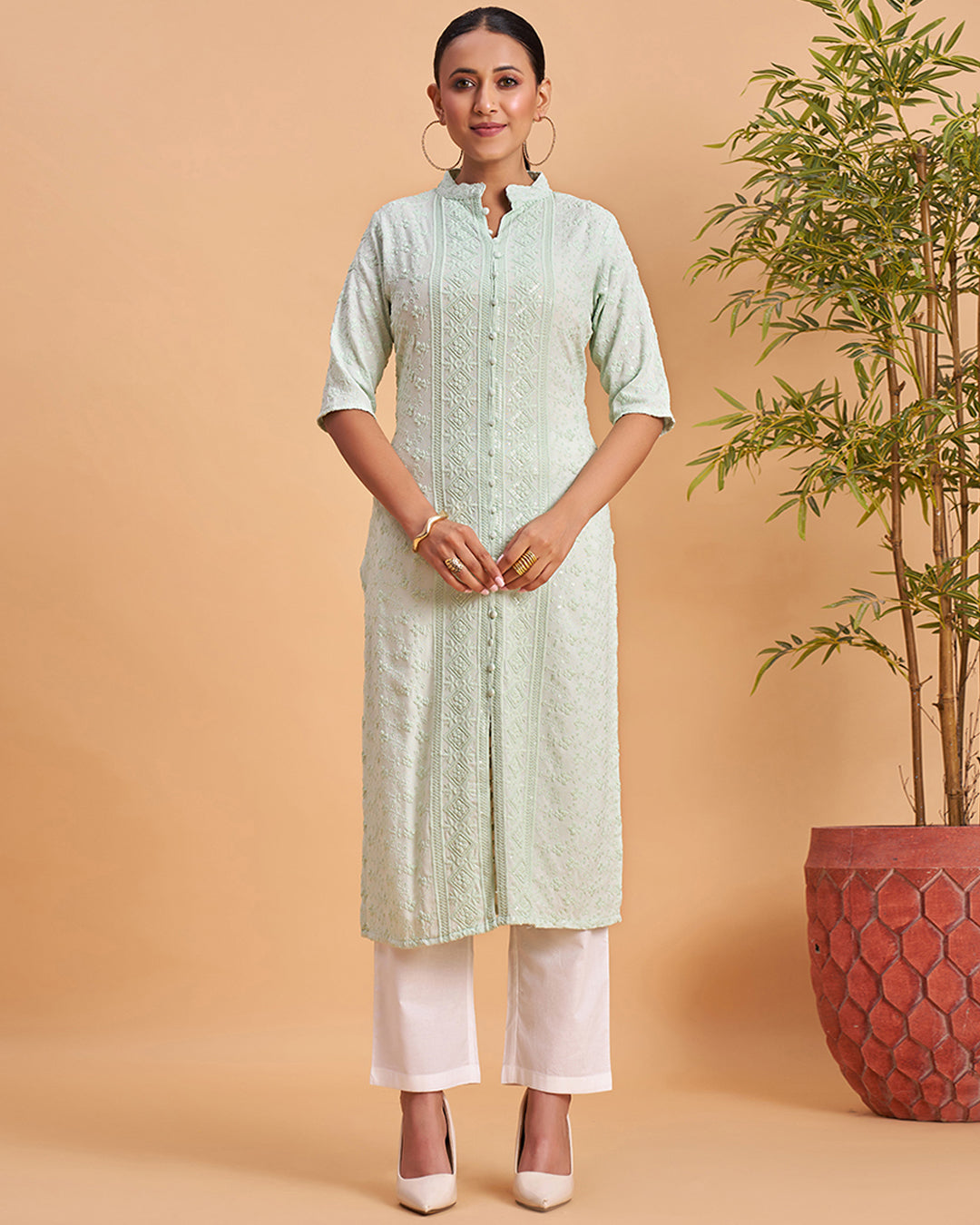 Women's Chikankari Embroidered Ethnic Motif Sequined Kurti