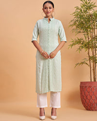 Women's Chikankari Embroidered Ethnic Motif Sequined Kurti