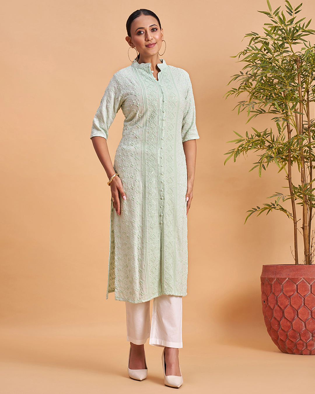 Women's Chikankari Embroidered Ethnic Motif Sequined Kurti