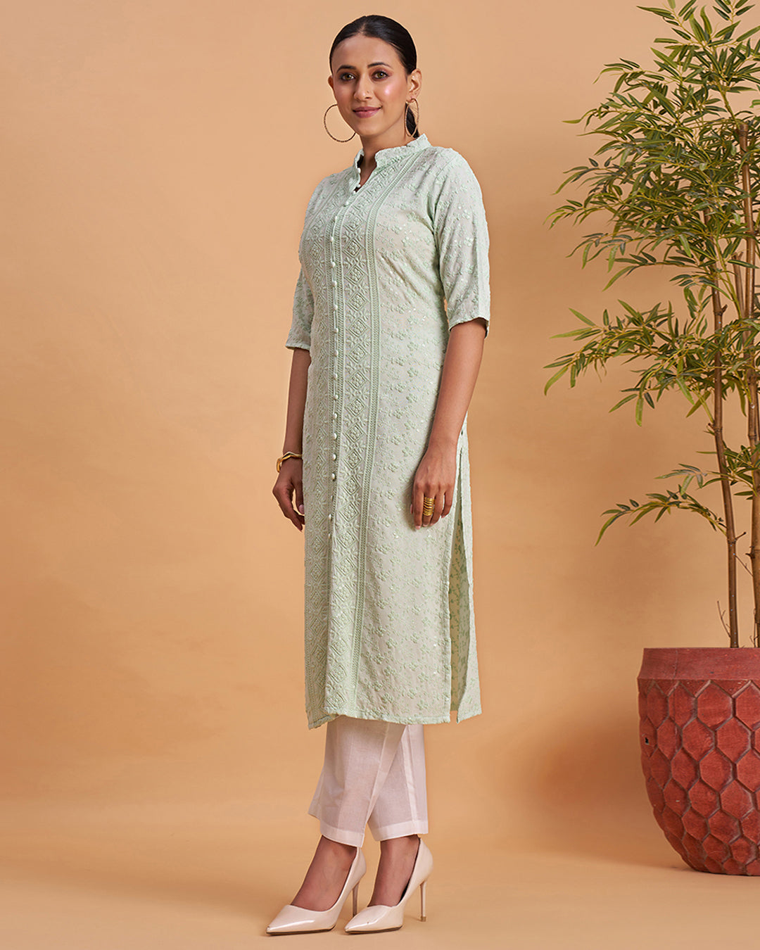 Women's Chikankari Embroidered Ethnic Motif Sequined Kurti