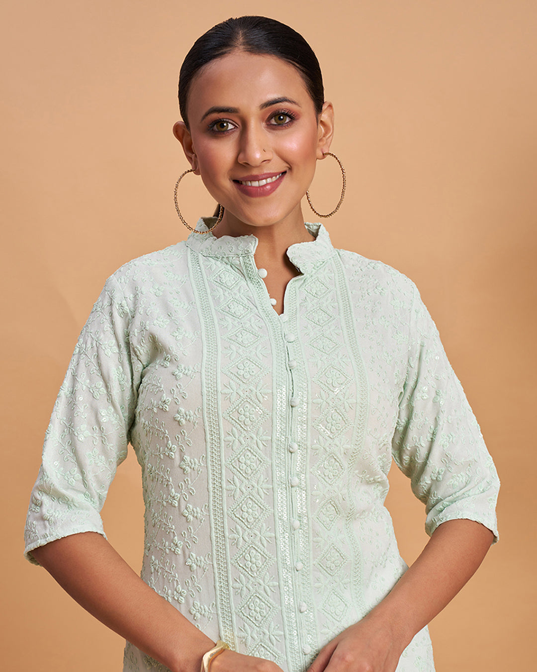 Women's Chikankari Embroidered Ethnic Motif Sequined Kurti