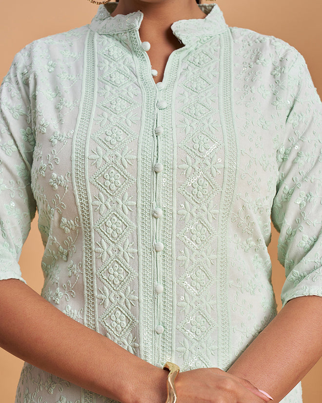 Women's Chikankari Embroidered Ethnic Motif Sequined Kurti