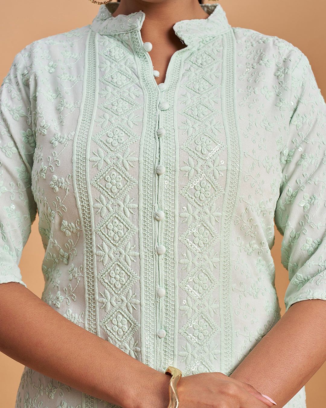 Women's Chikankari Embroidered Ethnic Motif Sequined Kurti