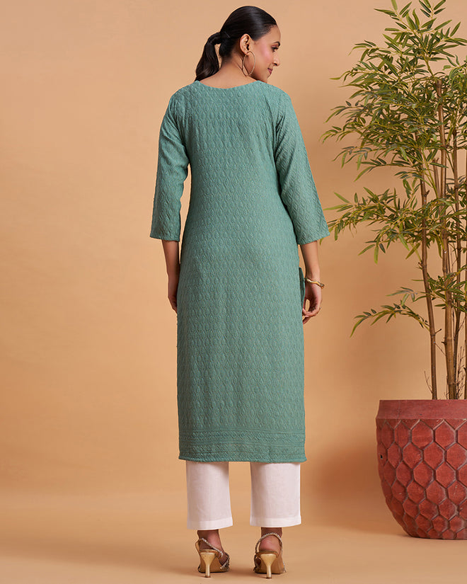 Women's Chikankari Embroidered Ethnic Motif Sequined Kurti