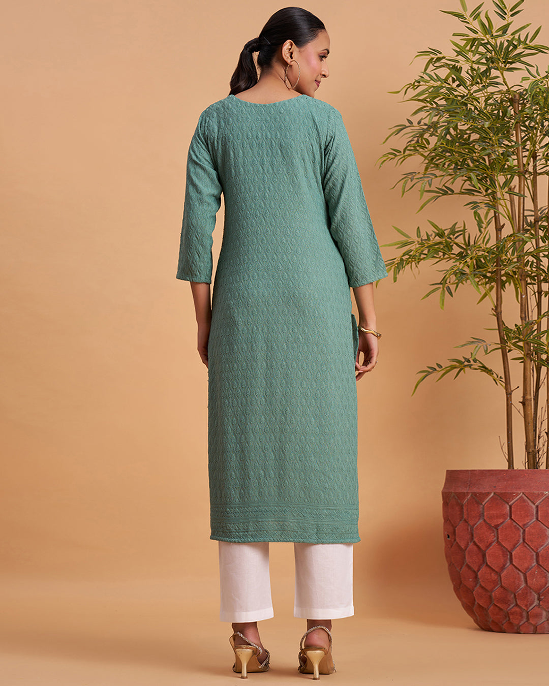 Women's Chikankari Embroidered Ethnic Motif Sequined Kurti