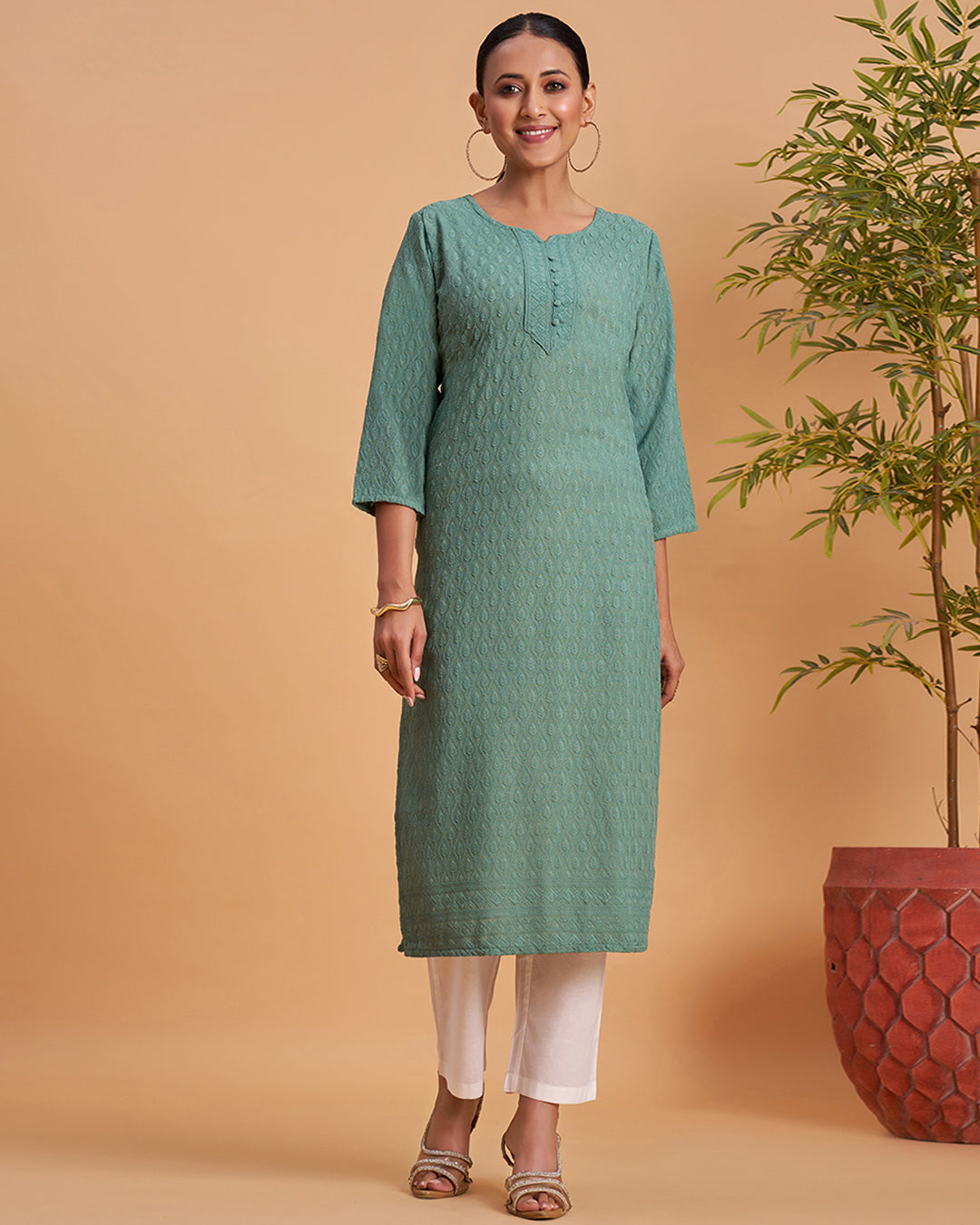 Women's Chikankari Embroidered Ethnic Motif Sequined Kurti