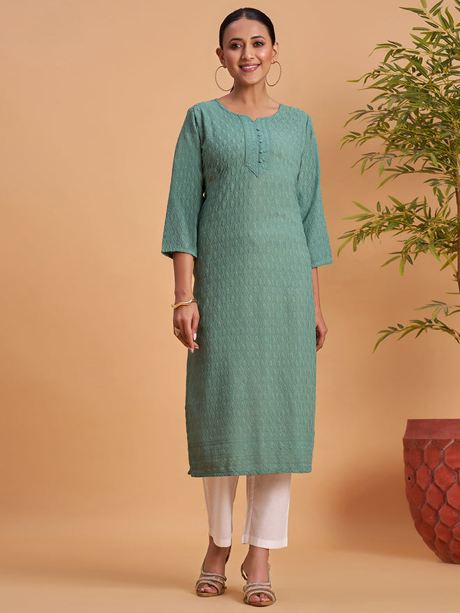 Women's Chikankari Embroidered Ethnic Motif Sequined Kurti