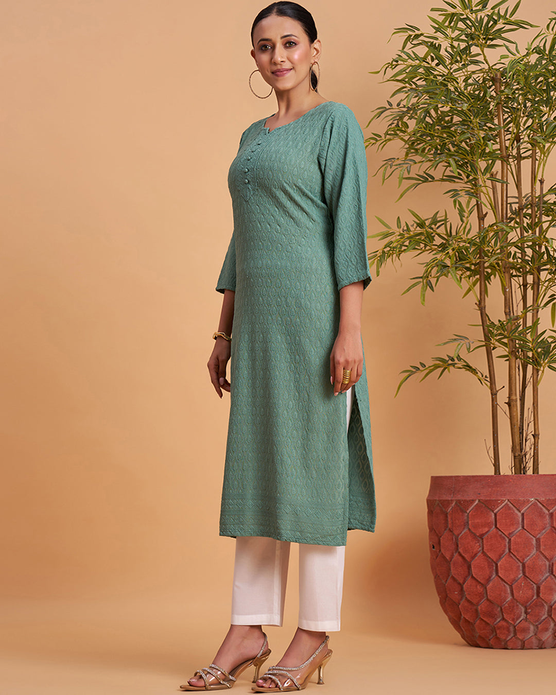 Women's Chikankari Embroidered Ethnic Motif Sequined Kurti