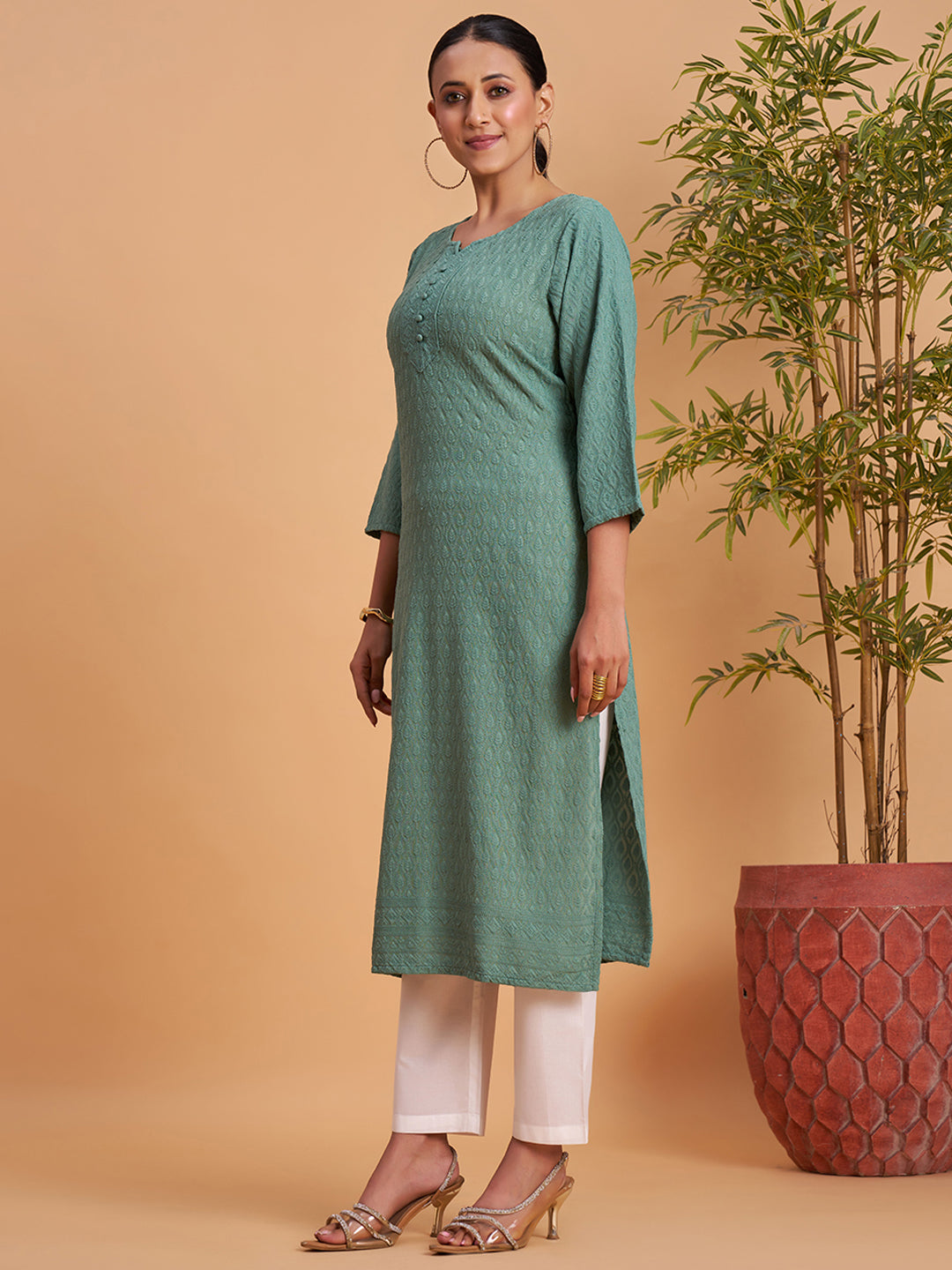 Women's Chikankari Embroidered Ethnic Motif Sequined Kurti