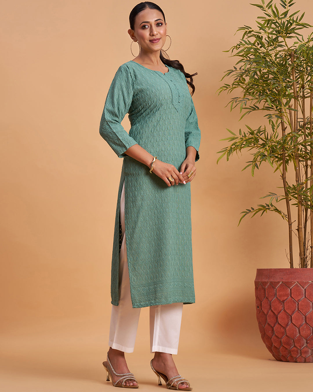 Women's Chikankari Embroidered Ethnic Motif Sequined Kurti
